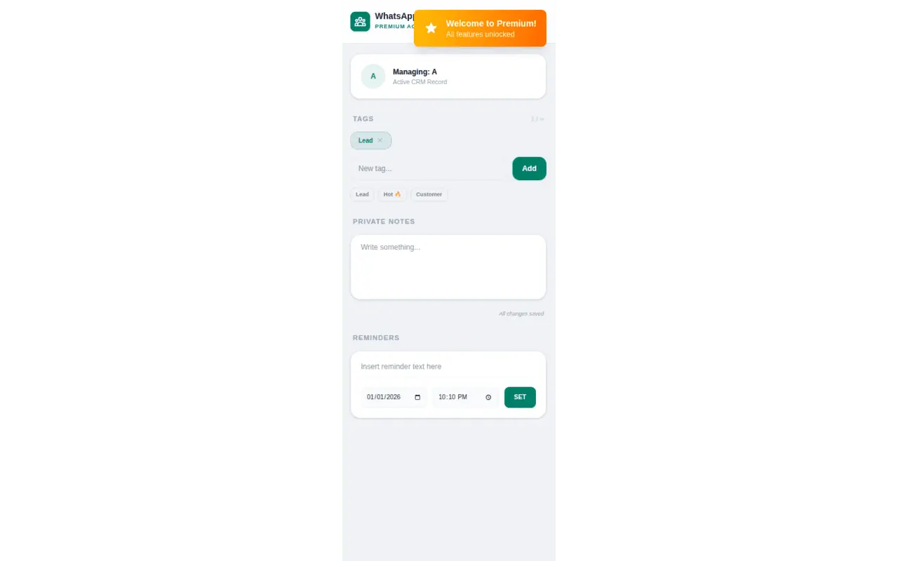 WhatsApp Web Mini-CRM (Extensie Chrome) - Screenshot 1